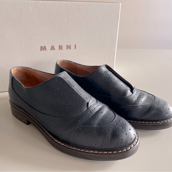 Marni Shoes - Marni Navy Perforated Leather Slip-On Loafers